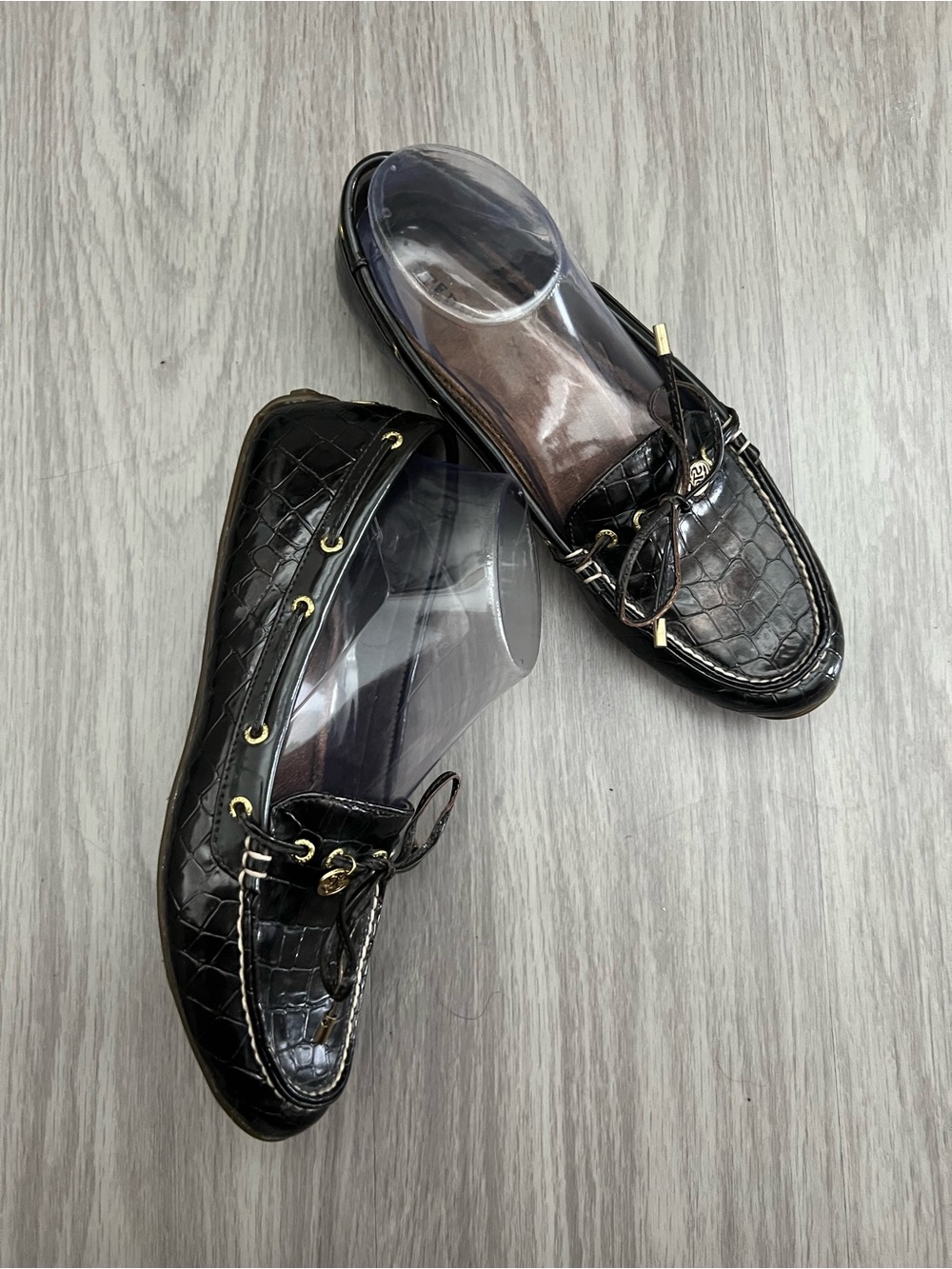 Sperry Top-Sider Women’s Black Croc Embossed Leather Moccasins Boat Shoes 8M